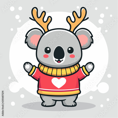 Cute Koala Wearing Christmas Sweater and Antlers