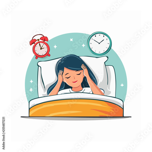 Flat cartoon illustration of woman sleeping in bed