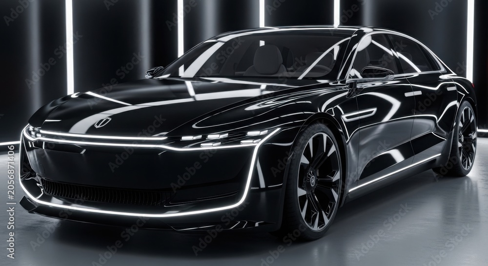 Naklejka premium Sleek Black Electric Sedan with Futuristic LED Lighting in Modern Studio