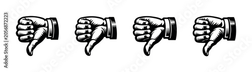 Fotografía Four thumbs down gestures in a row, representing disapproval and negativity