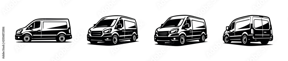 Fototapeta premium Collection of black and white van illustrations in different perspectives