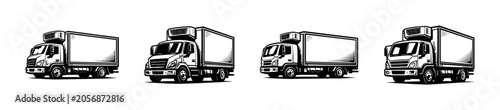 Tableau sur toile Set of four stylized illustrations of refrigerated trucks in black and white