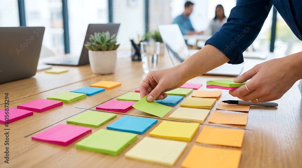 Fototapeta premium Hands Organizing Sticky Notes for Project Planning