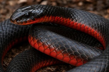 Red-bellied black snake coiled in natural habitat. Venomous Australian reptile with shiny black and red scales. Wildlife photography of dangerous animal in wilderness.