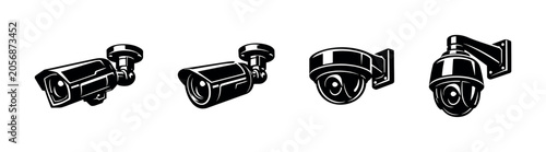Billede på lærred Collection of four distinct security camera icons in black and white