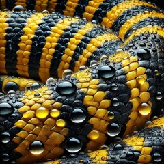 Close up of venomous snake skin with yellow and black pattern covered in water drops. Macro texture of dangerous Australian reptile scale. Wildlife photography in nature, toxic animal.