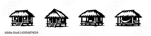 Foto Collection of tropical huts with thatched roofs and stilts, some with hammocks