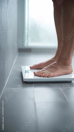 Health monitoring concept, elderly person using a digital scale in a clean bathroom, Generative AI illustrations.