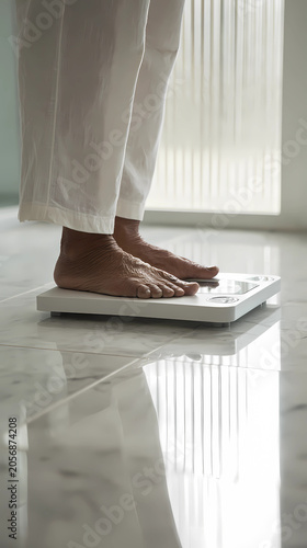 Health monitoring concept, elderly person using a digital scale in a clean bathroom, Generative AI illustrations.