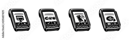 Foto Contactless payment terminals showing different transaction options and icons