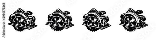 Photos Set of four identical circular saws in a graphic illustration style