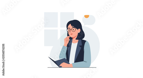 A professional woman with glasses and dark hair looks away thoughtfully while holding a notebook in a modern flat vector illustration.