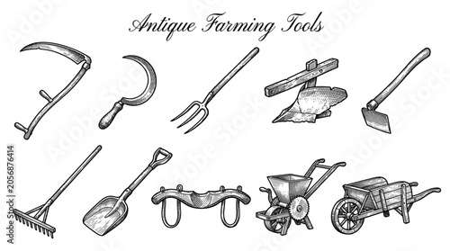 Vintage antique farming tools collection. Hand-drawn agricultural equipment icons including scythe, sickle, rake, shovel, and wheelbarrow in engraved sketch style on white background.