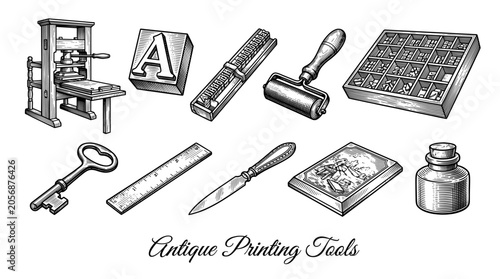 Antique Printing Press and Letterpress Tools Illustration Set, Hand Drawn Vintage Engraving Style Vector Graphics of Historical Printing Equipment