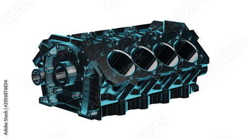 Schilderij op canvas Close up detailed fully textured 3D render over white background of car internal combustion engine cylinder block with pistons, coolant passages and other mechanical components
