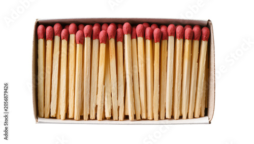 Quadro em tela Isolated open box of many wooden matchsticks with striking red tips, ready for l