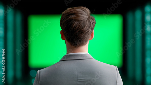 Back view of businessman in grey suit looking at large glowing green screen
