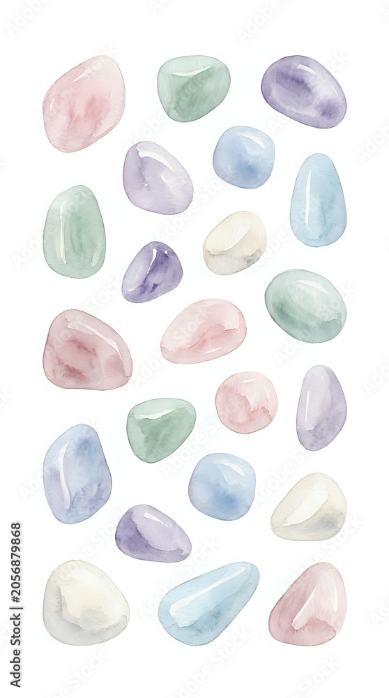 Fototapeta premium Watercolor gemstones and crystals in soft pastel shades of pink, purple, green, and blue isolated on white background. Perfect for wellness, jewelry, and design projects.