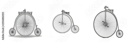 Foto Set and collection of vintage penny farthing bicycle for classic transport and h