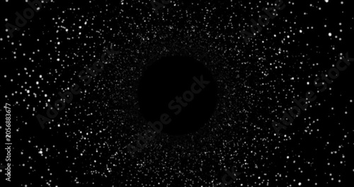 Shimmering Dust Portal. Realistic space footage with stream of silver sparkling particles and iridescent bokeh stars on dark background. Alpha channel for overlay effect. Hand animated motion graphics