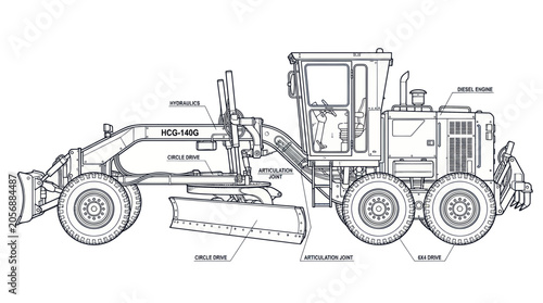 Foto Motor Grader Blueprint: Construction Machinery Technical Drawing