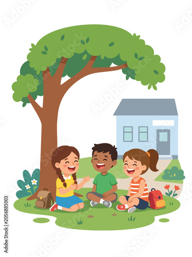 Fotografija School children sitting together under a tree after class, sharing ideas, streng