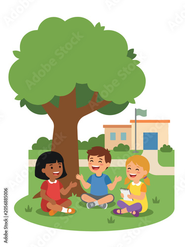 Принти на полотні School children sitting together under a tree after class, sharing ideas, streng