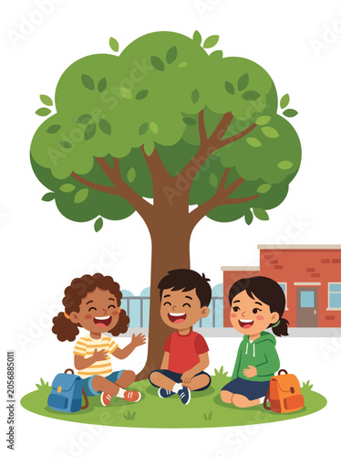 Cuadro en lienzo School children sitting together under a tree after class, sharing ideas, streng