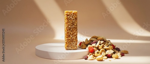 Granola bar and mixed nuts composition on a white podium for food concept