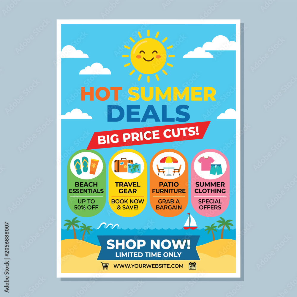 Naklejka premium Hot Summer Deals Summer Sale Flyer With Sun