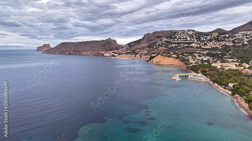 Calm Bay With Hilltop Villas Aerial, Turquoise Shallows, Sandy Coves, Marina And Pier, Gentle Waves, Overcast