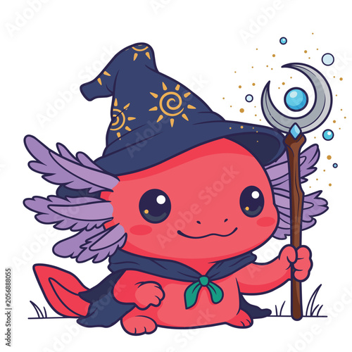 Photos Cute Axolotl Wizard Mascot with Magic Staff Cartoon Vector