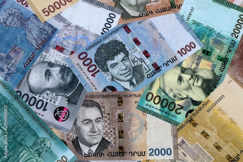 Φωτογραφία Armenian dram money banknotes bunch on table