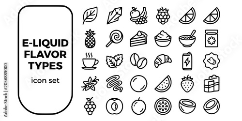 E-Liquid Flavor Category Bold Line Icons-Tobacco Menthol Fruit Berry Citrus Tropical Candy Dessert Custard Cereal Coffee Mint Bakery Energy-25 Flavor Icon Set Vector