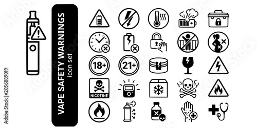 Vape Safety Warning Icons Bold Line-Battery Warning Short Circuit Overheating Child Lock Age 18 21 Tamper Electrical Hazard Nicotine Pregnant-25 Vape Safety Icon Set Vector