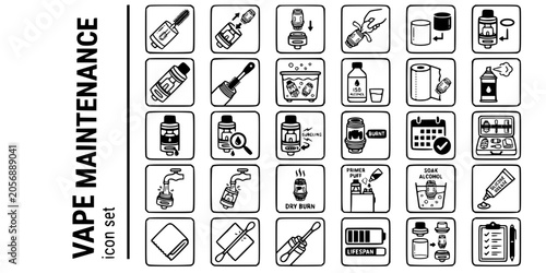 Vape Maintenance Care Bold Line Icons-Tank Cleaning Coil Replacement Cotton Rewicking Glass O-Ring Thread Ultrasonic Isopropyl Leak Gurgle Burnt-25 Maintenance Icon Set Vector