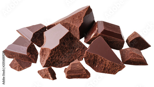 Isolated delicious dark chocolate broken pieces or chunks for baking and sweet dessert