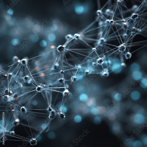 Digital Network Structure with Glowing Spheres and Connecting Lines in Blue Tones