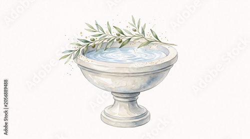 Baptismal font with holy water watercolor illustration

