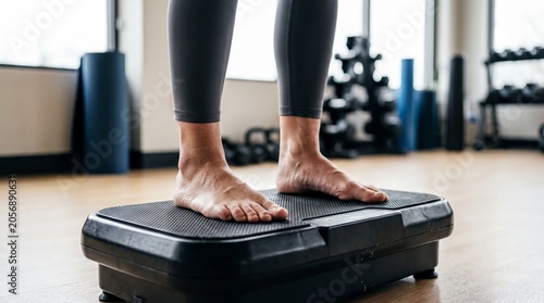 fitness equipment, a pair of feet firmly balanced on a vibration plate during a workout session