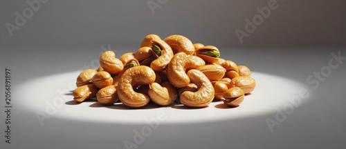 Pile of roasted cashews in spotlight isolated on white background
