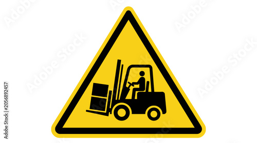 Yellow triangular forklift warning sign indicating industrial vehicle traffic in warehouse area. EPS Editable