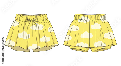 Yellow Girls Cloud Print Shorts Skort with Bow Detail Fashion Technical Flat Sketch