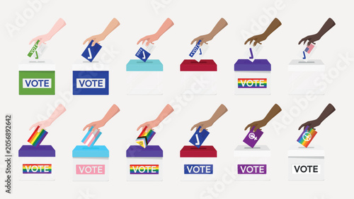 Diverse hands casting colorful votes vector element set
