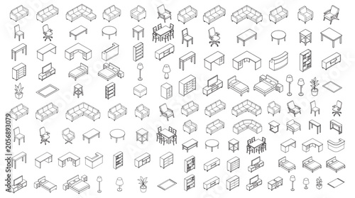 Isometric Furniture Icons Line Art Vector Set for Interior Design, Home and Office Layouts