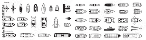 Top View Boat Icons Set - Black and White Marine Vessel Silhouettes for Maps and Design