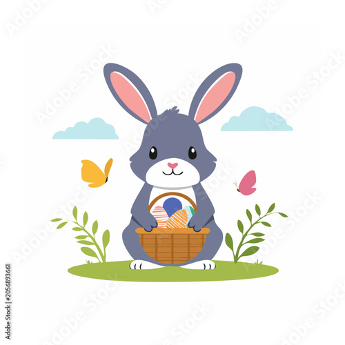 Blue bird carrying basket with flowers