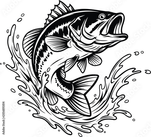 Large bass fish jumping out of the water ink illustration