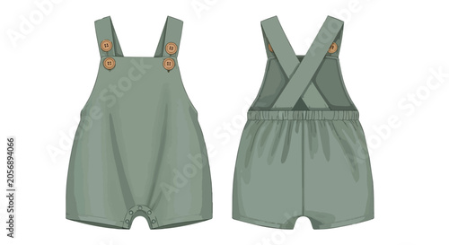 Olive Green Baby Romper Front and Back Technical Fashion Sketch