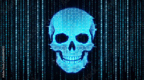 Blue Digital Skull Silhouette Surrounded by Falling Binary Code Streams for Cybersecurity and Cybercrime Concept Art
